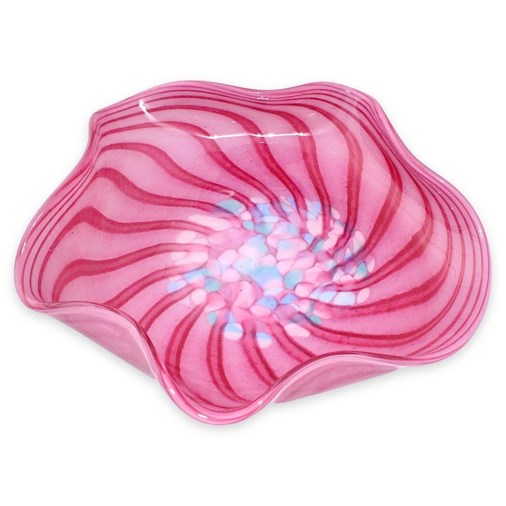 Vintage Art Glass Ruffle Candy Dish Bowl Pink & Blue Confetti Swirl Mouth Blown